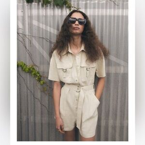 Zara BELTED LINEN BLEND SHORT JUMPSUIT